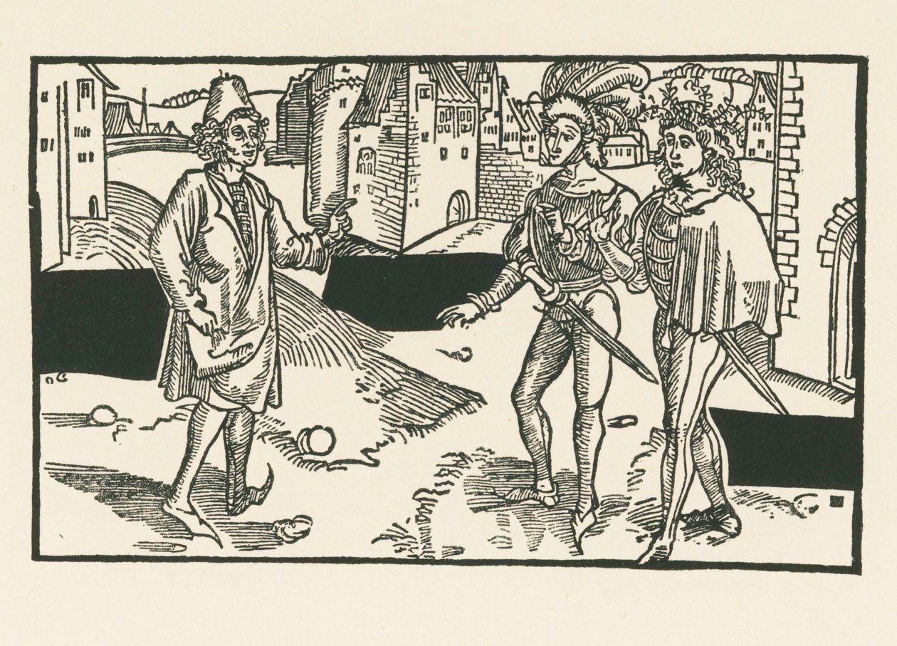 Davus, Pamphilus és Charinus, 1492-93 körül (fametszet) alkotó: Albrecht Dürer or Duerer