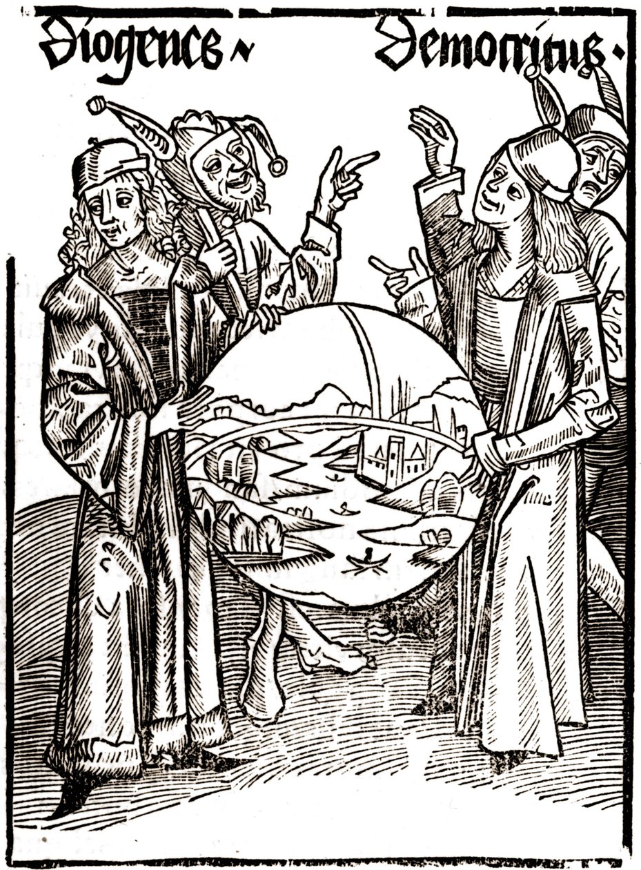Diogenes (-413 - -327) és Démokritosz (-460 - -370) - Sébastien Brandt (1458 - 1521) "" Das Narrenschif (A bolondok hajója)" című művében. Metszés. alkotó: Albrecht Dürer
