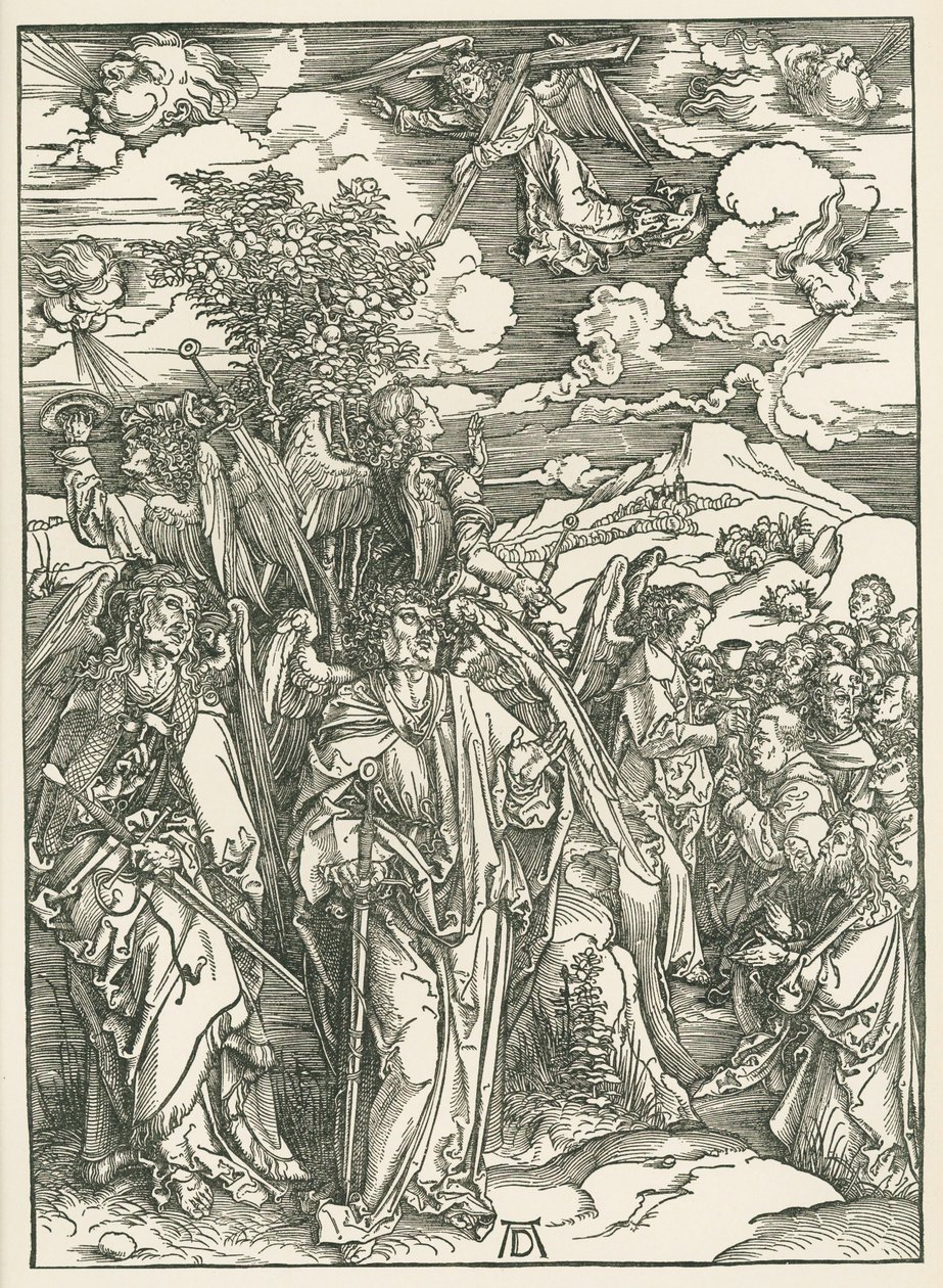 Négy angyal, akik a szeleket és a Kiválasztottak aláírását tartják. Szent János Jelenései, 1497-98 körül (fametszet) alkotó: Albrecht Dürer or Duerer