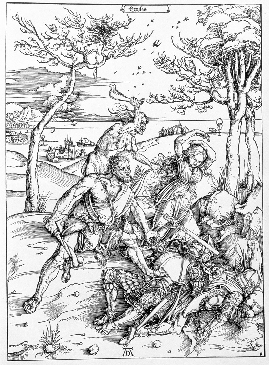 Herkules megöli a molionidákat, 1496/98 körül (fametszet) alkotó: Albrecht Dürer or Duerer