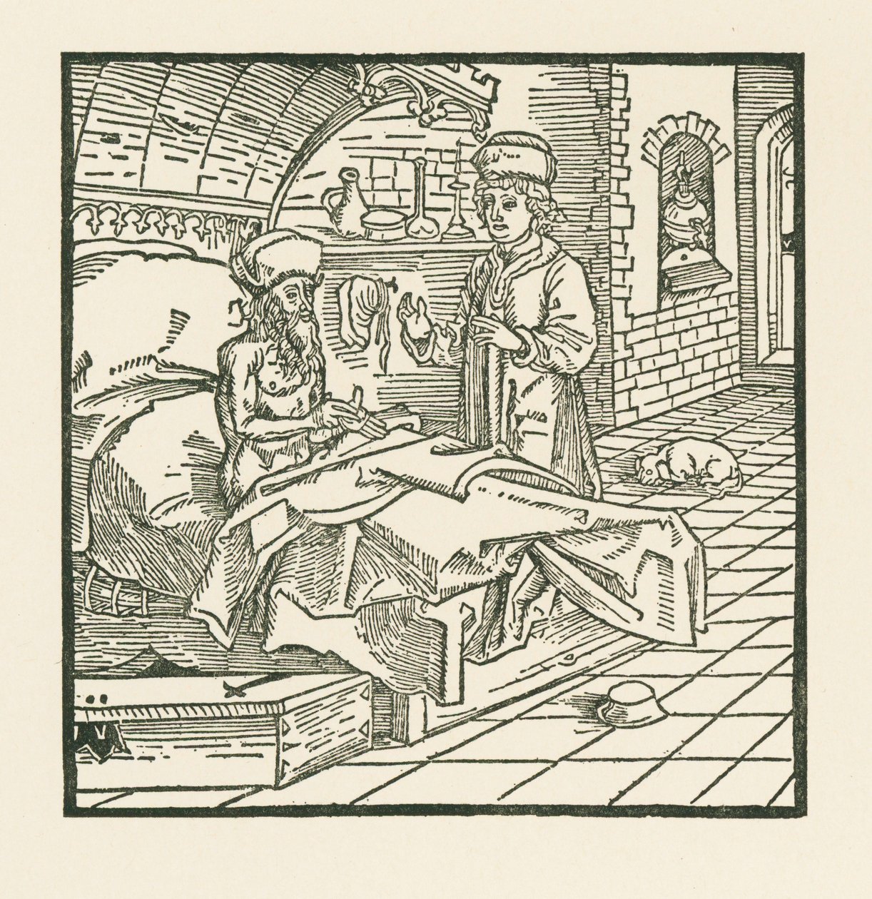 Cato mester a halálos ágyán jó utasításokat ad fiának. alkotó: Albrecht Dürer or Duerer