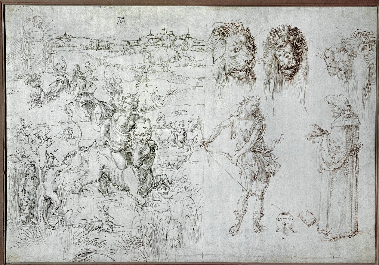 Europa megerőszakolása, oroszlánfejek, íjász, bölcs, koponya (rajz) alkotó: Albrecht Dürer or Duerer