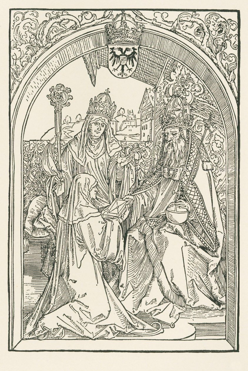 Roswitha unokahúga, Gerba, a gandersheimi apátnő jelenlétében bemutatja műveit I. Ottó császárnak. alkotó: Albrecht Dürer or Duerer