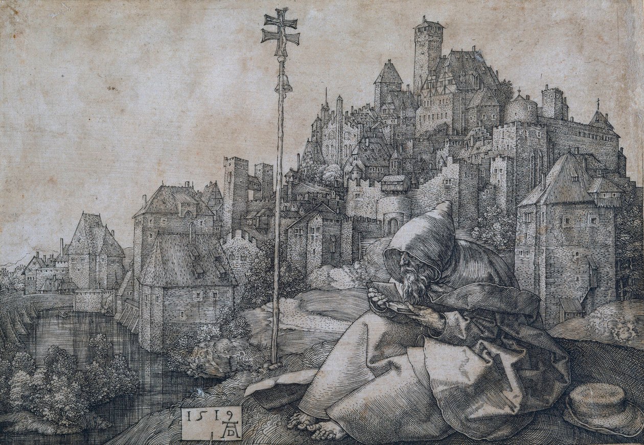 Szent Antal a város előtt ül - Albrecht Durer (1471-1528) rézmetsze alkotó: Albrecht Dürer