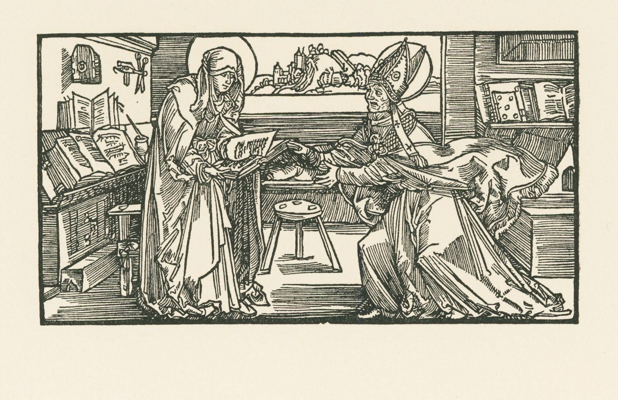 Szent Birgitta a szobájában, amint átadja művét egy püspöknek alkotó: Albrecht Dürer or Duerer