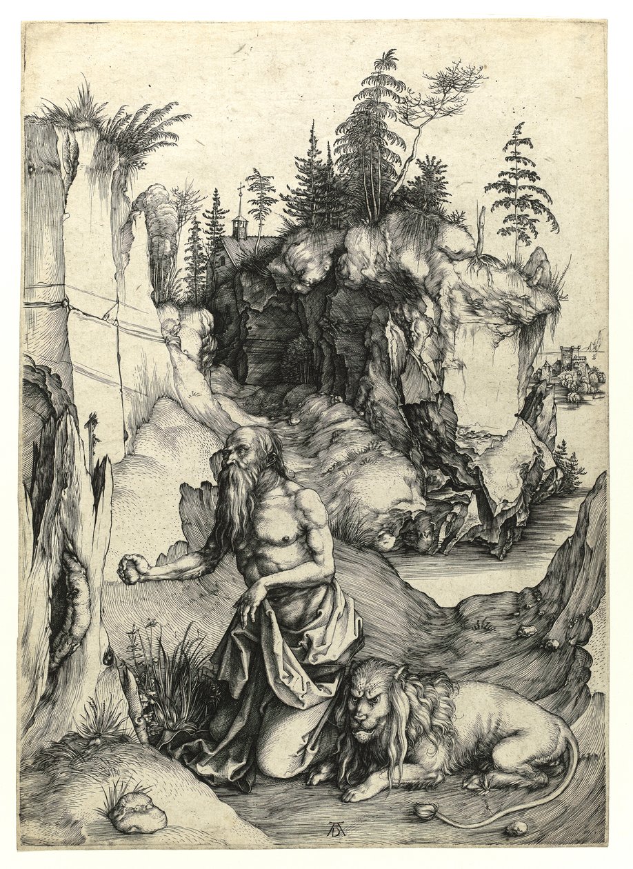 Bűnbánó Szent Jeromos, 1497 körül (Burin-metszet) alkotó: Albrecht Dürer