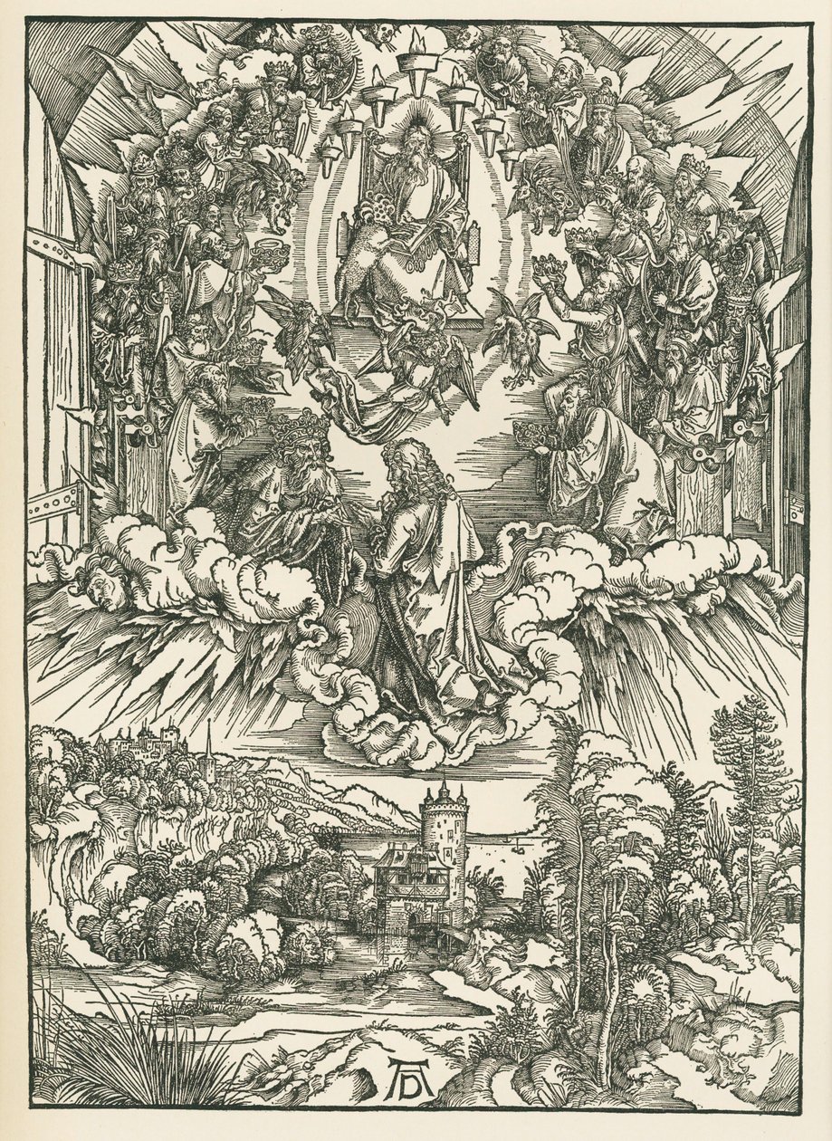 Szent János Isten és a huszonnégy mennyei vén előtt. Szent János Jelenései, 1496 körül (fametszet) alkotó: Albrecht Dürer or Duerer