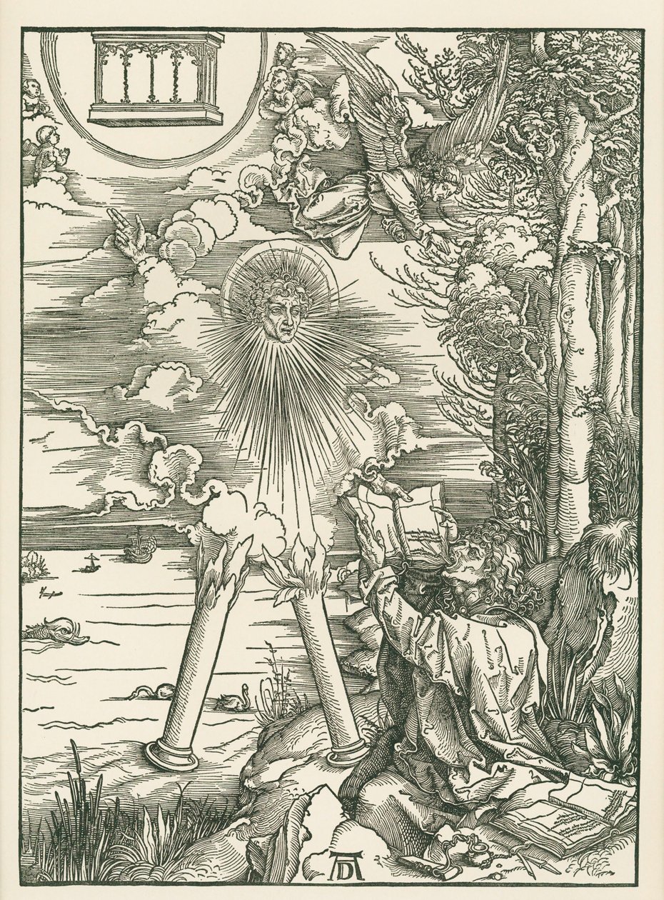 Szent János elnyeli az angyal által bemutatott könyvet. Szent János Jelenései, 1498 körül (fametszet) alkotó: Albrecht Dürer or Duerer