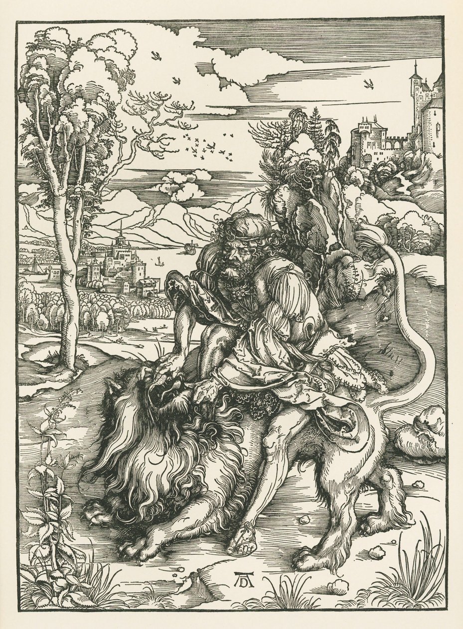 Sámson megöli az oroszlánt, 1497-98 körül (fametszet) alkotó: Albrecht Dürer or Duerer
