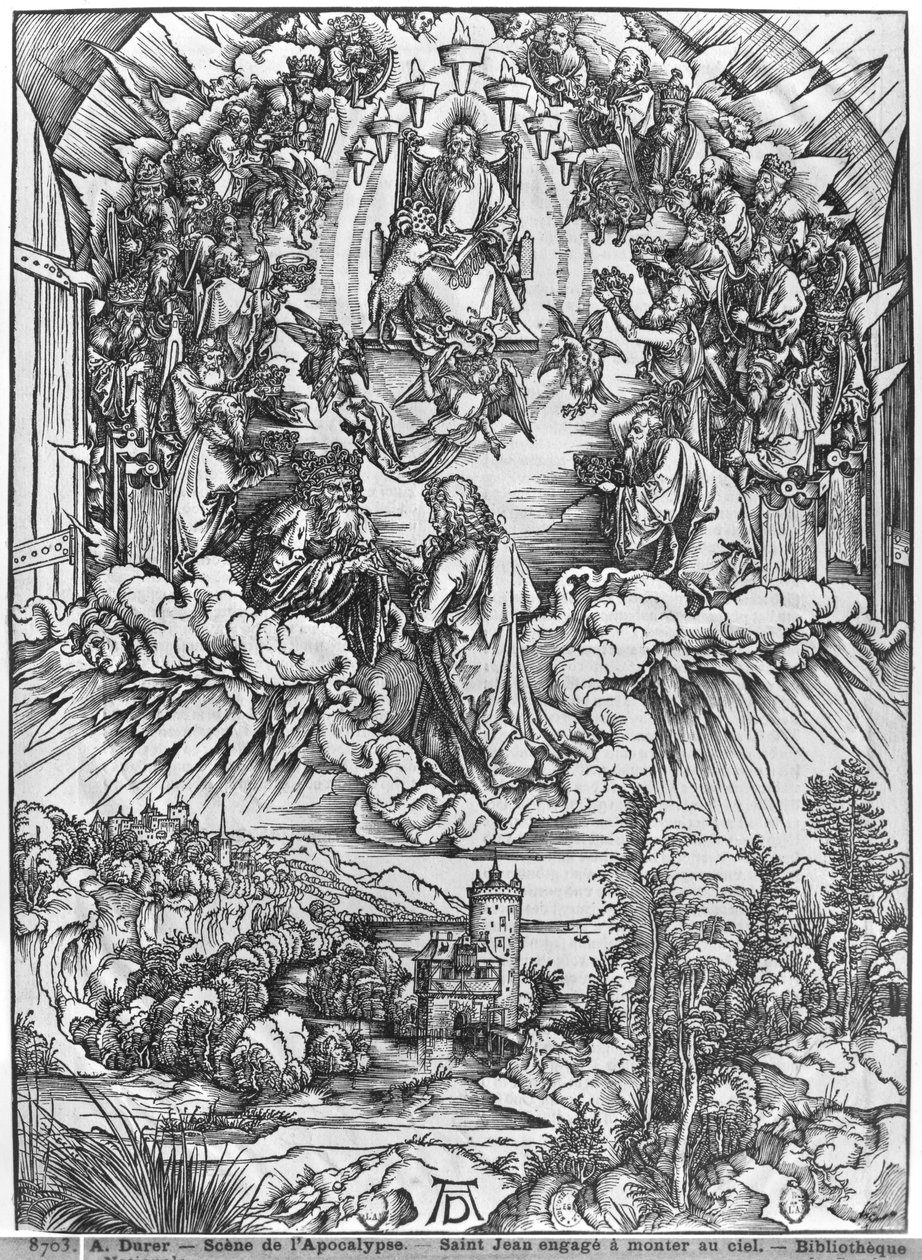 Jelenet az Apokalipszisből, Szent János Isten, az Atya és a huszonnégy vén előtt, német kiadás alkotó: Albrecht Dürer