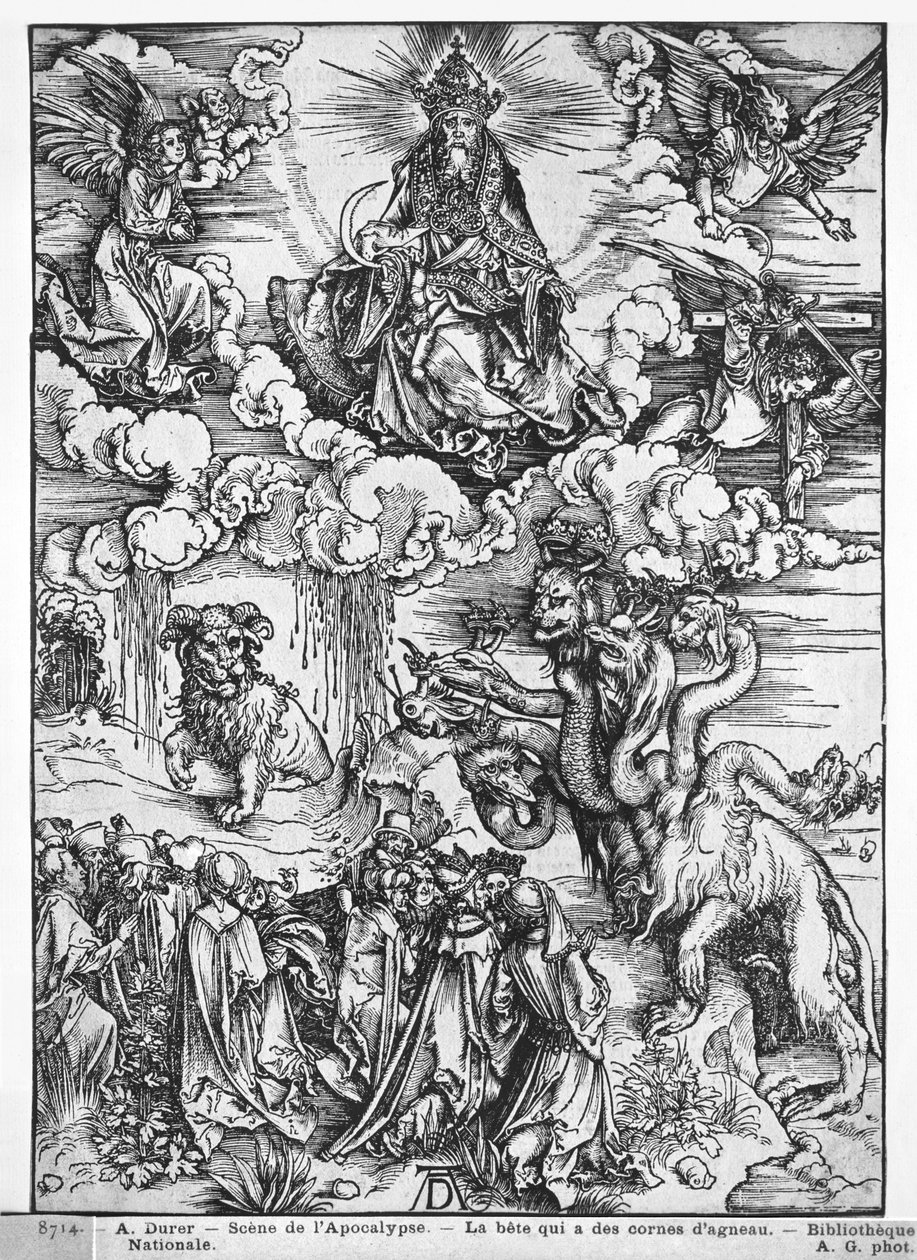 Jelenet az Apokalipszisből, A hétfejű és tízszarvú sárkány (fametszet) (f/w fotó) alkotó: Albrecht Dürer
