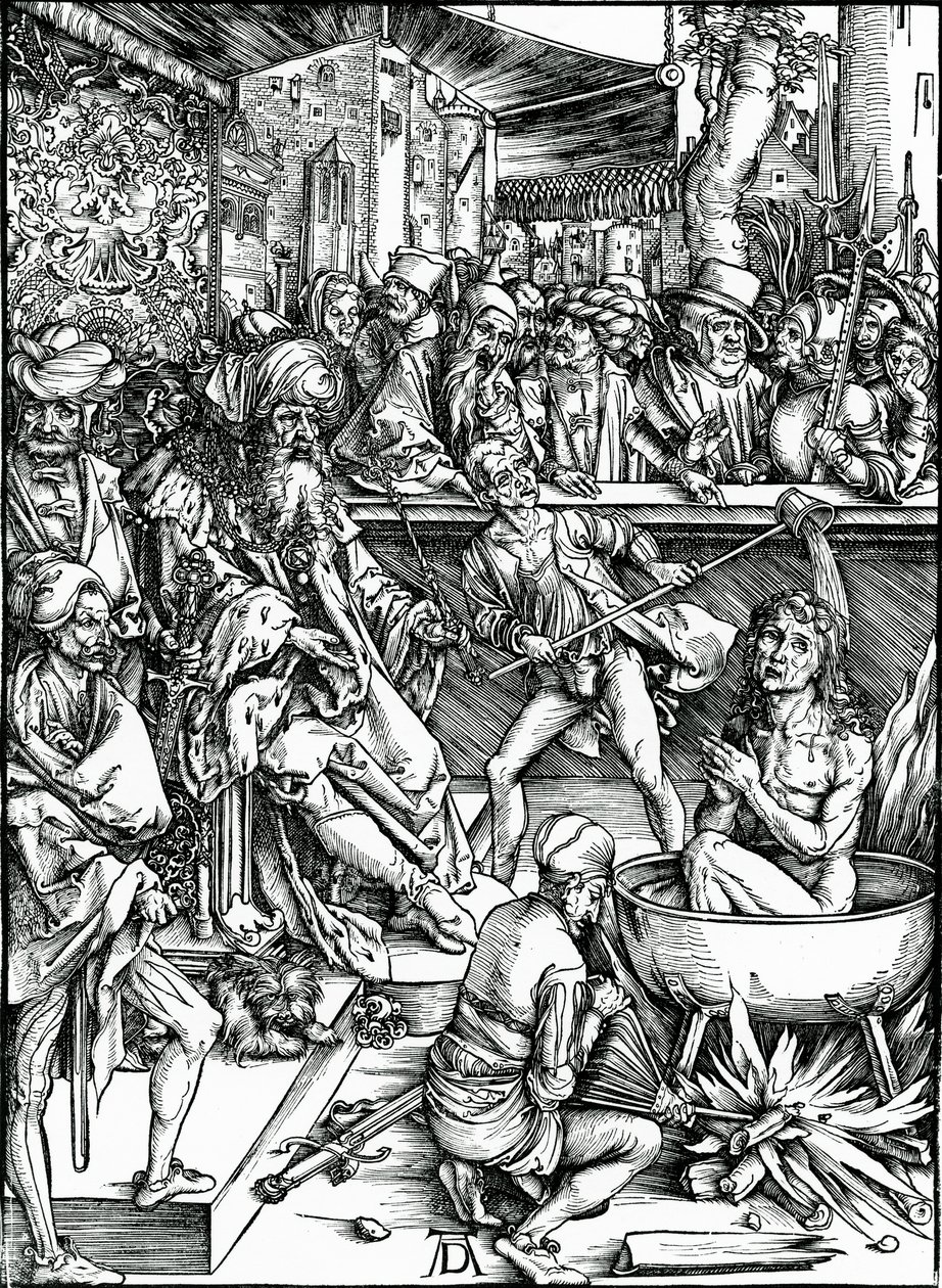 Szent János evangélistát egy kádban forrásban lévő olajban kínozzák, az „Apokalipszis” sorozatból alkotó: Albrecht Dürer
