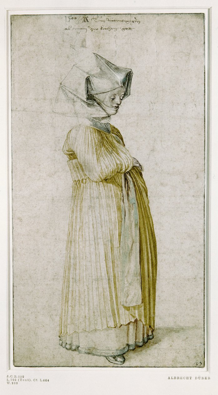 Tanulmány női viseletről (színes rajz) alkotó: Albrecht Dürer or Duerer