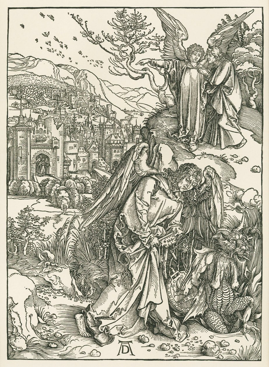 Az angyal a kulccsal, amint a sárkányt a mélységbe taszítja, és egy másik angyal, amint Szent Jánosnak mutatja az új Jeruzsálemet, 1497-98 körül (fametszet). alkotó: Albrecht Dürer or Duerer