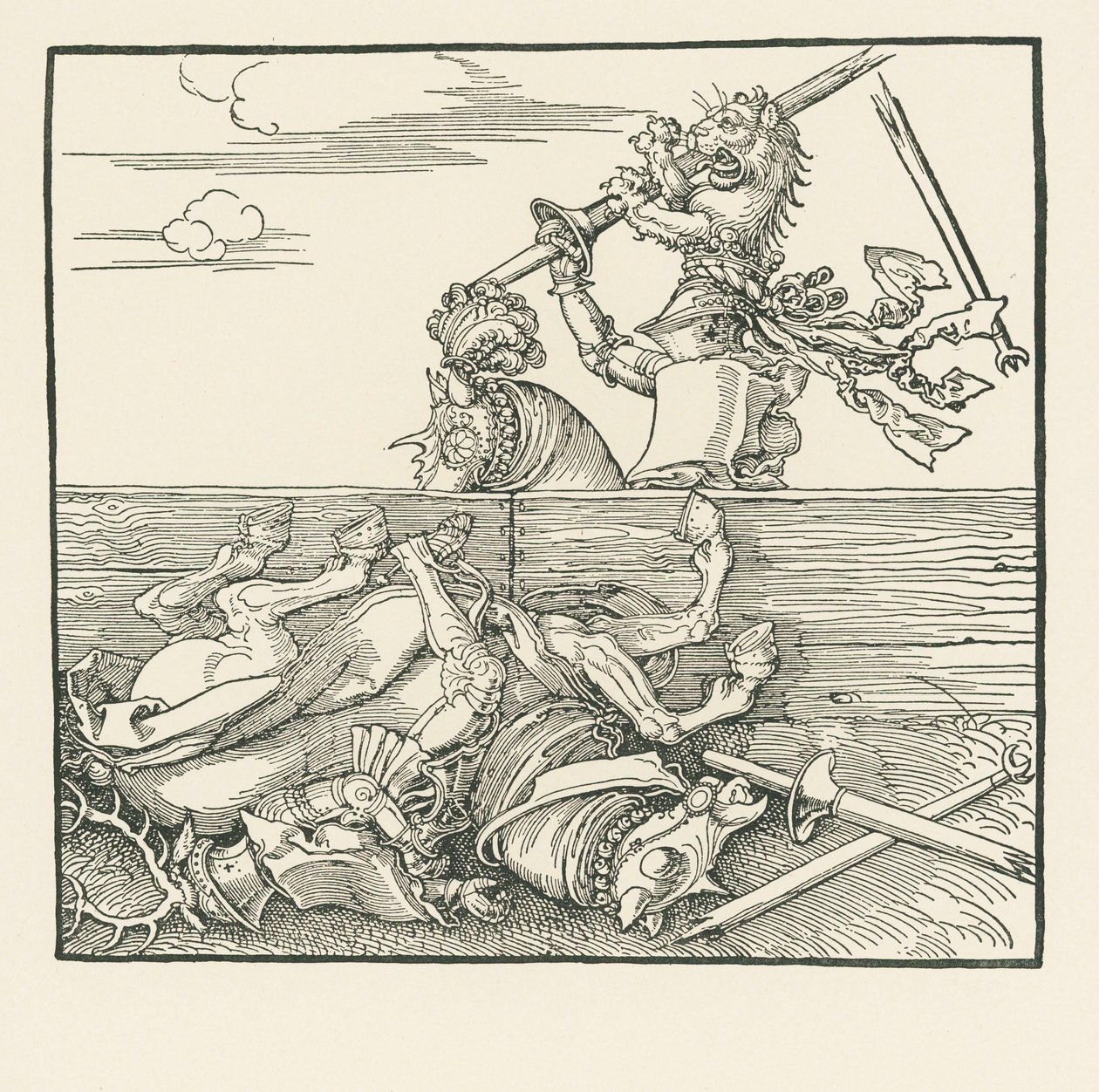A külföldi torna. Maximilian kiemelte ellenfelét, Jacop de Heri-t a nyeregből, 1517-18 körül (fametszet). alkotó: Albrecht Dürer or Duerer