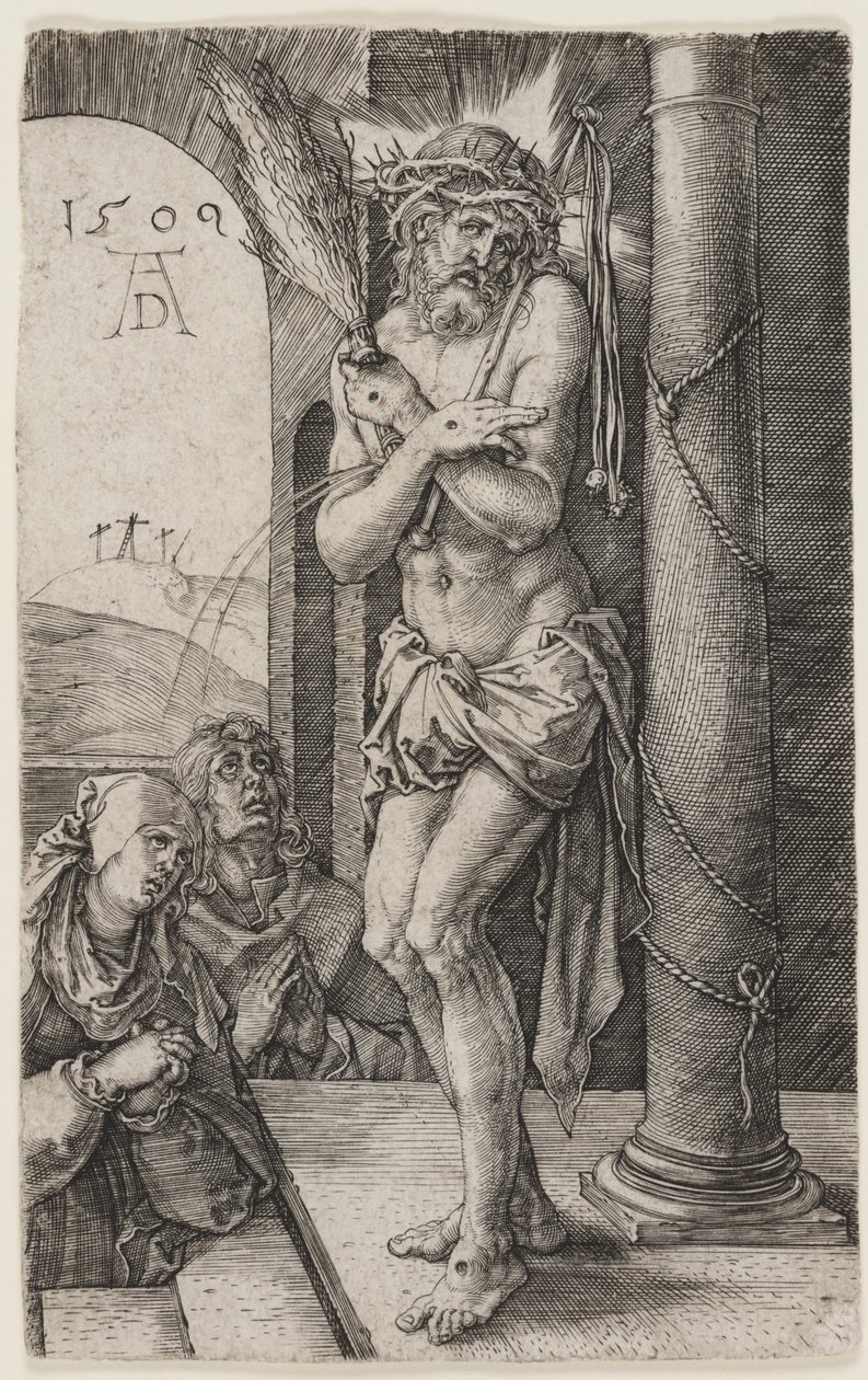 A fájdalmak embere az oszlop mellett áll alkotó: Albrecht Dürer