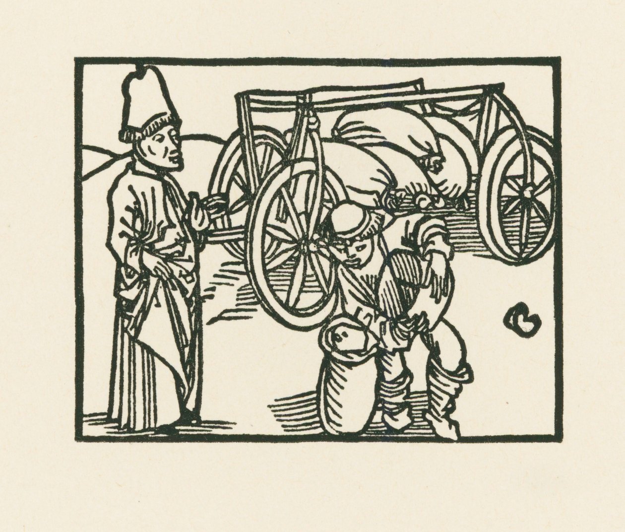 A pap zsákot tart egy szekéren, és zabot tesznek bele, 1489-90 körül (fametszet). alkotó: Albrecht Dürer or Duerer