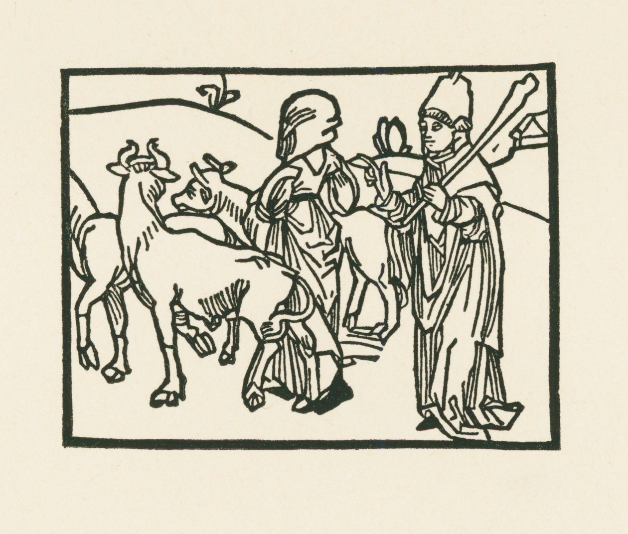 A pap miseruhában kihajtja a jószágot, előtte megy a szolgáló, 1489-90 körül (fametszet). alkotó: Albrecht Dürer or Duerer