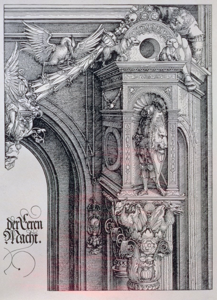 I. Maximilianus császár diadalíve (1459-1519): a központi boltív (a Becsület és Hatalom Kapuja) részlete, amelyen egy lombos és animált oszlopfő látható, amely egy építészeti fülkében álló lovagot, egy függő cartou egyik oldalát tartó alakot támaszt. alkotó: Albrecht Dürer