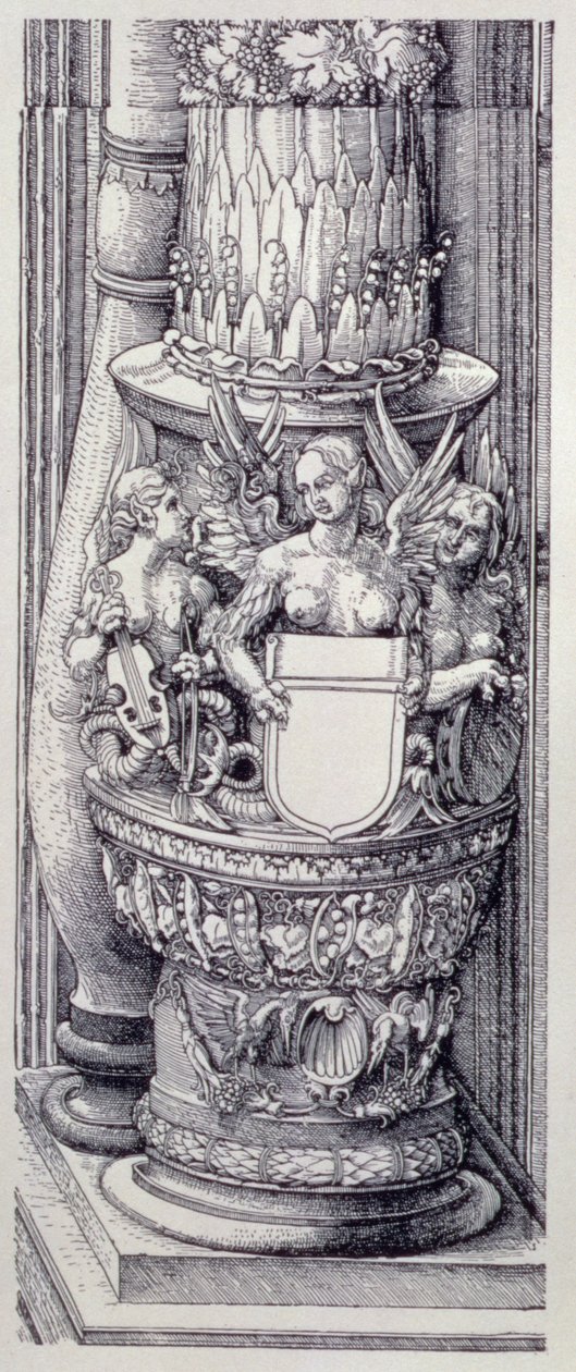 I. Maximilianus német császár diadalíve (1459-1519): a Becsület és Hatalom központi kapujának részlete, bal oldali oszlopalap, amelyet lombszalagok és szárnyas női griffek díszítenek, 1515-ös keltezésű, kocsma. 1517/18 (fametszet) alkotó: Albrecht Dürer