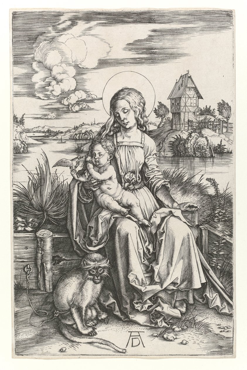 Szűz a majommal, 1498 körül (Burin-metszet) alkotó: Albrecht Dürer