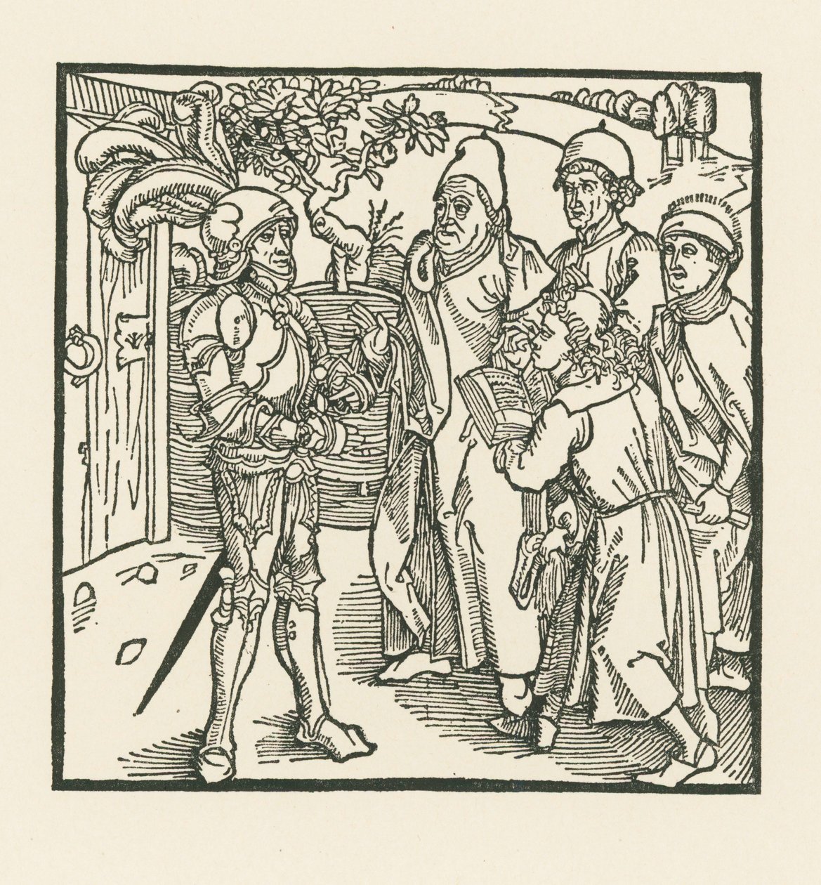 A lovag két írástudót és két papot bíz meg a könyv összeállításával. alkotó: Albrecht Dürer or Duerer
