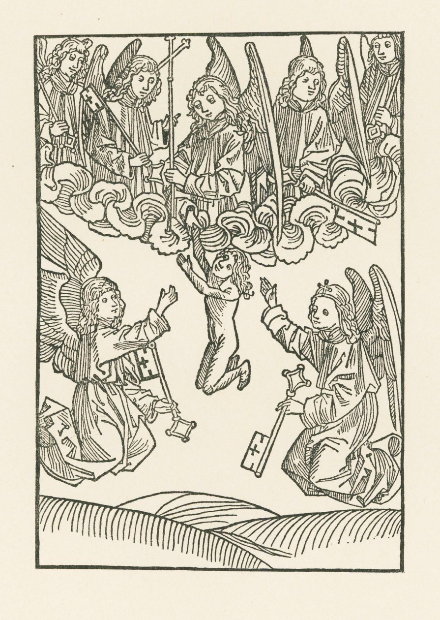 A hét angyal a kereszttel és a hat kulccsal, amellyel megnyitották a Mennyországot az Irgalmasság hat művének, egy lelket fogad be a Mennyországba. alkotó: Albrecht Dürer or Duerer