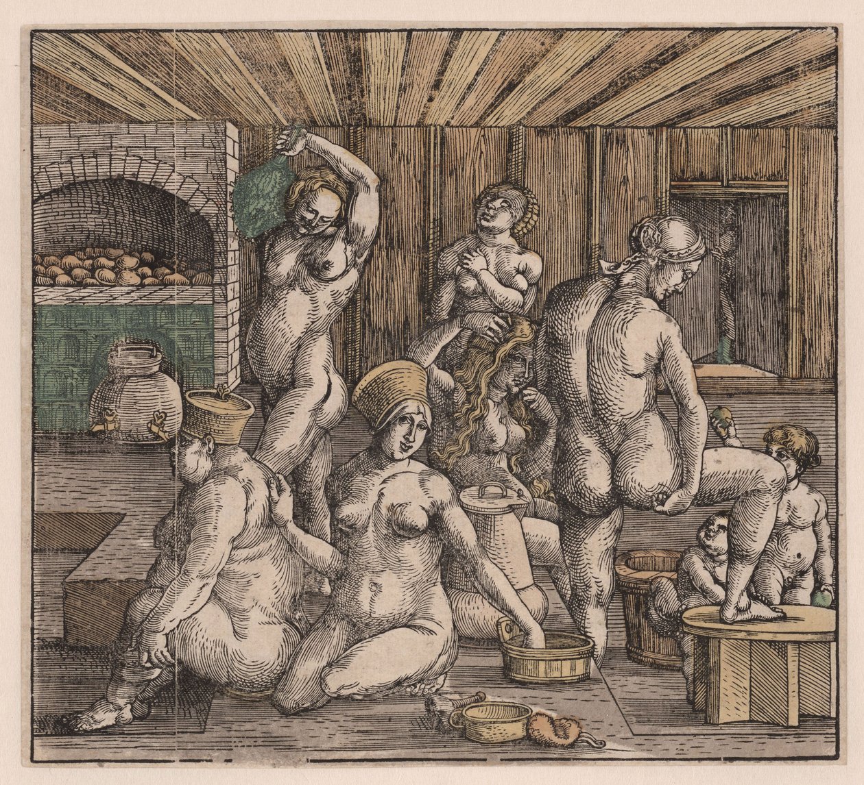 A női fürdő, Duerer, Albrecht (1471-1528). Fametszet, akvarell, c. 1500. Méretek: 21,8x23,9 cm. Magángyűjtemény alkotó: Albrecht Dürer
