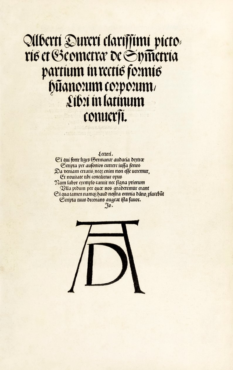 Címlap Durer fametszetű monogramjával a „Hierinn sind vier bücher von Menschen Proportion” című könyvből alkotó: Albrecht Dürer