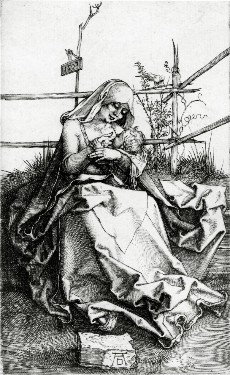 Szűz és gyermek egy füves padon ülve alkotó: Albrecht Dürer