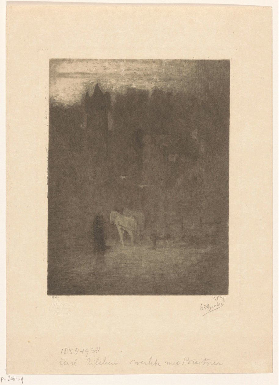 Figura és két ló a ködben lévő kastélyban alkotó: Albrecht Felix Reicher (signed by artist)