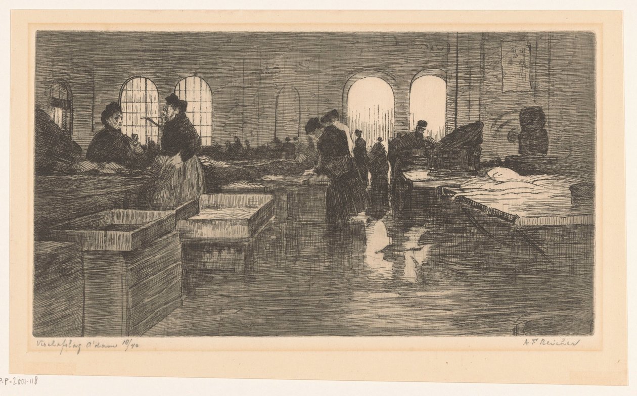 A Vismarkt belseje az amszterdami Nieuwmarkt-on Amszterdami halárverés (eredeti cím a tárgyon) alkotó: Albrecht Felix Reicher (signed by artist)