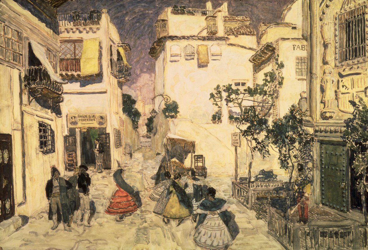 Egy utca Sevillában, vázlat Bizet „Carmen” című operájához, 1906 (tempera papíron) alkotó: Aleksandr Jakovlevic Golovin