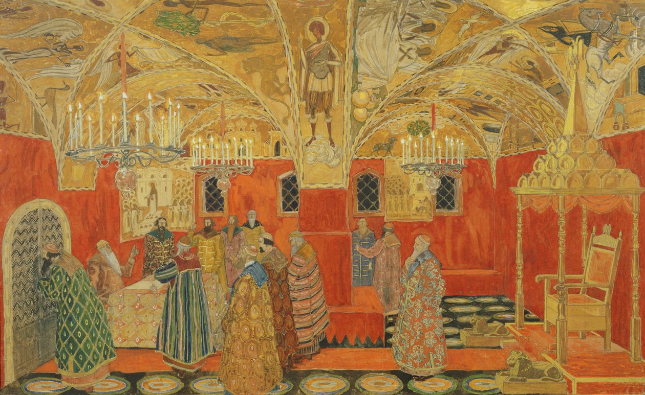 A Kremlben M. Muszorgszkij „Borisz Godunov” című operájának jelenete alkotó: Aleksandr Jakovlevic Golovin
