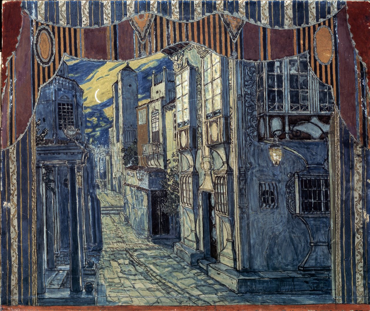A sevillai borbély díszletterve, Gioachino Rossini, 1924 alkotó: Aleksandr Jakovlevic Golovin