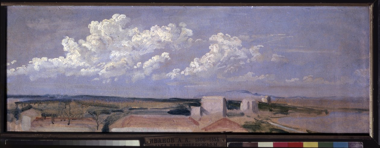 Felhők a tenger partján. Táj néhány házzal a part mentén, tetején nagy fehér felhők. Alekszandr Andrejevics Ivanov (1806-1858) munkája, olaj, papír alkotó: Aleksandr Andreevich Ivanov