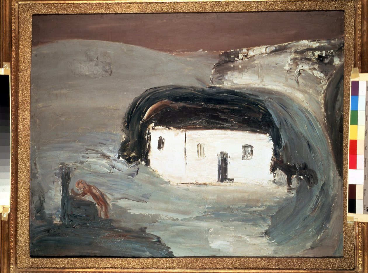 Táj egy fehér házzal. Alekszandr Davidovics Drevin (1889-1938) festménye. Olaj, vászon, 74 x 92 cm alkotó: Aleksandr Davidovic Drevin