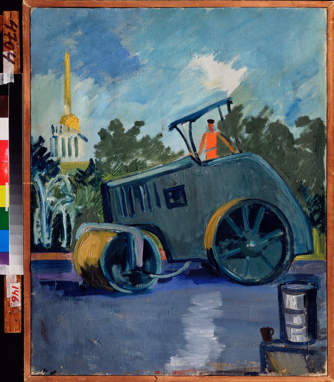 Aszfalt burkolat. (Egy gép aszfaltot rak az utcán). Alekszandr Isaakovich Rusakov (1898-1952) festménye, olaj, vászon alkotó: Aleksandr Isaakovich Rusakov