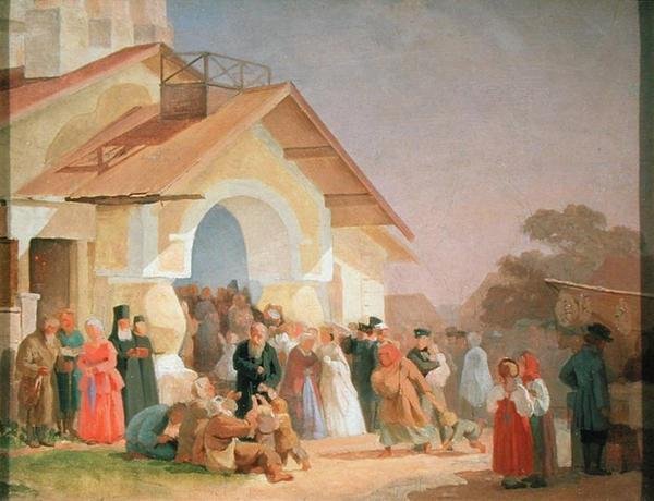 Egy pszkovi templomból kijövetel, 1863-64 alkotó: Aleksandr Ivanovich Morozov
