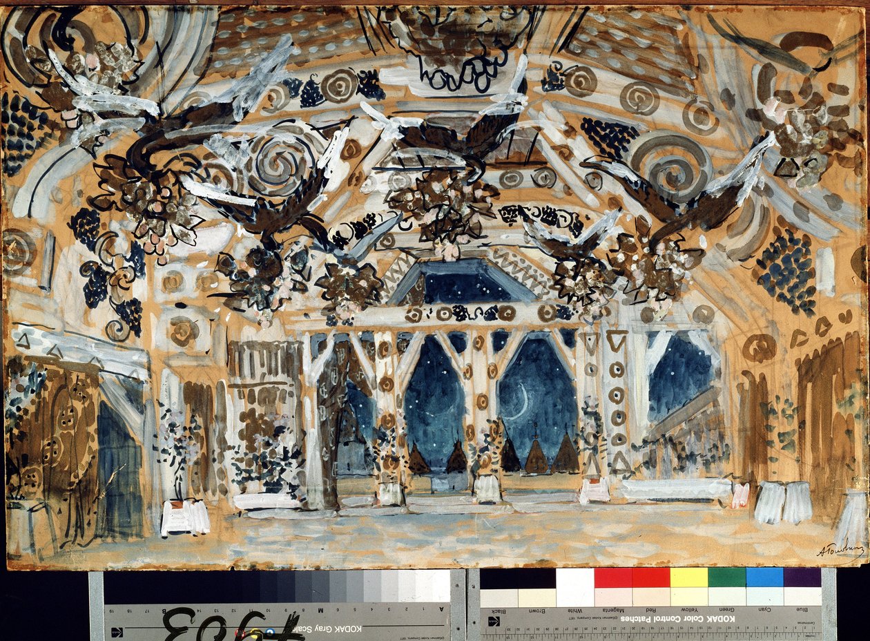 Decor pour la piece de színház La Dame de la mer de Henrik (Henri) Johan Ibsen (1828-1906) (Színpadtervezés H. Ibsen A tengeri hölgy című színházi darabjához). Alekszandr Jakovlevics Golovin (Alexandre Golovine) életműve (1863-1930), pasztell karton alkotó: Aleksandr Jakovlevic Golovin