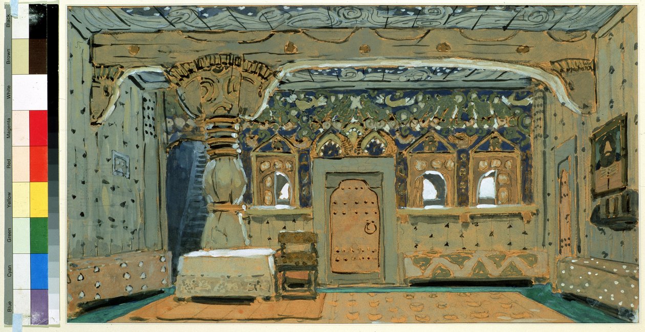 Előkészítő díszlet Nyikolaj Rimszkij Korszakov (Rimszkij-Korszakov) (1844-1908) A Pskovitaine (A pszkovi leány) című operájához ( Színpadterv a Pszkovi leány című operához, N. Rimszkij Korszakov (Rimszkij-Korszakov). Alekszandr Jakvlevics alkotó: Aleksandr Jakovlevic Golovin