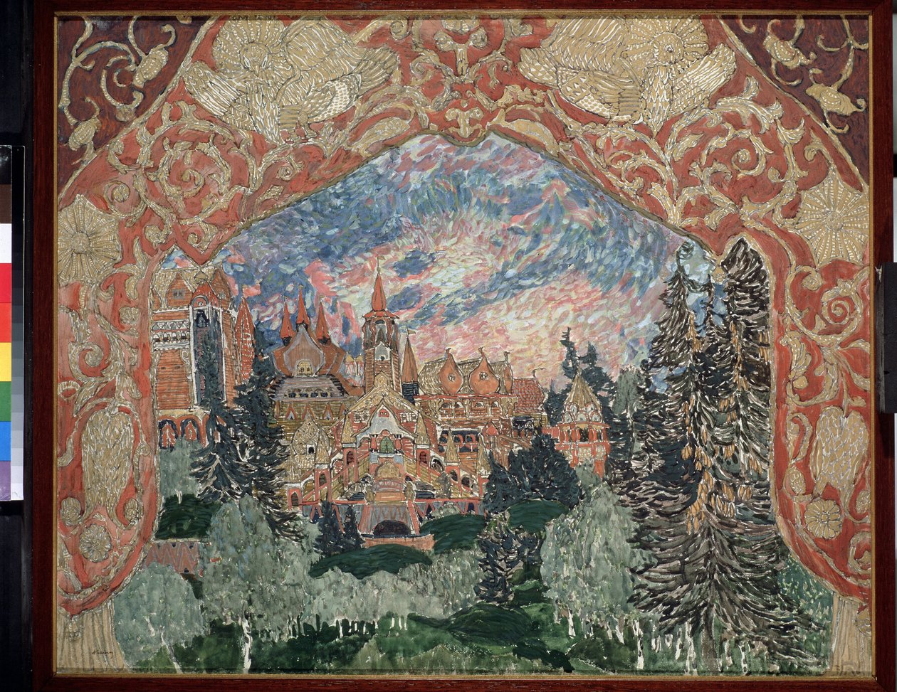 Arseny Koreccsenko (1870-1921) A varázstükör című operájának előkészítő dekorációja (A. Korescsenko A varázstükör című operájának színpadtervezése). Egy orosz város leírása az erdőben, díszített függönyökkel keretezve. Alekszandr Jakovlevics alkotása alkotó: Aleksandr Jakovlevic Golovin