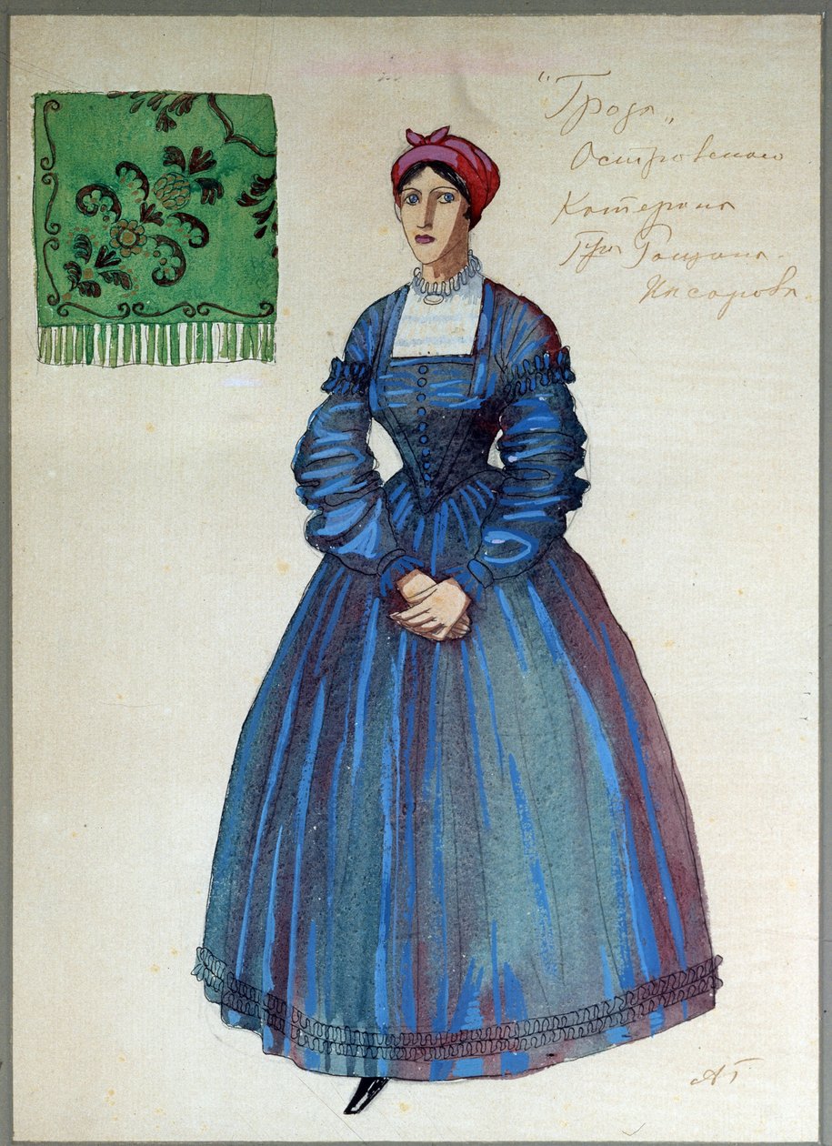 Jelmeztervezés Alexandre Ostrovski (1823-1886) A vihar című darabjához (A.Ostrovsky A vihar című darabjának jelmezterve). Alekszandr Jakovlevics Golovin (Alexander Golovin) (1863-1930) munkája, ceruza, tus, akvarell, gouache és arany papíron alkotó: Aleksandr Jakovlevic Golovin