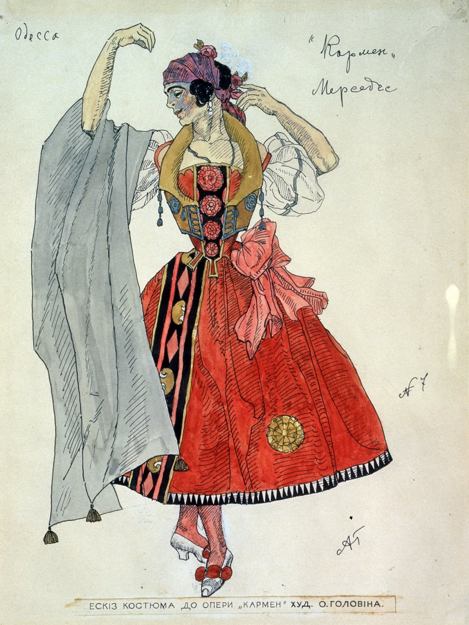 Georges Bizet (1838-1875) Carmen című operájának jelmezterve (G.Bizet Carmen című operájának jelmezterve). Alexander Yakovlevich Golovin (Alexander Golovin) (1863-1930) munkája, tus és akvarell papíron alkotó: Aleksandr Jakovlevic Golovin