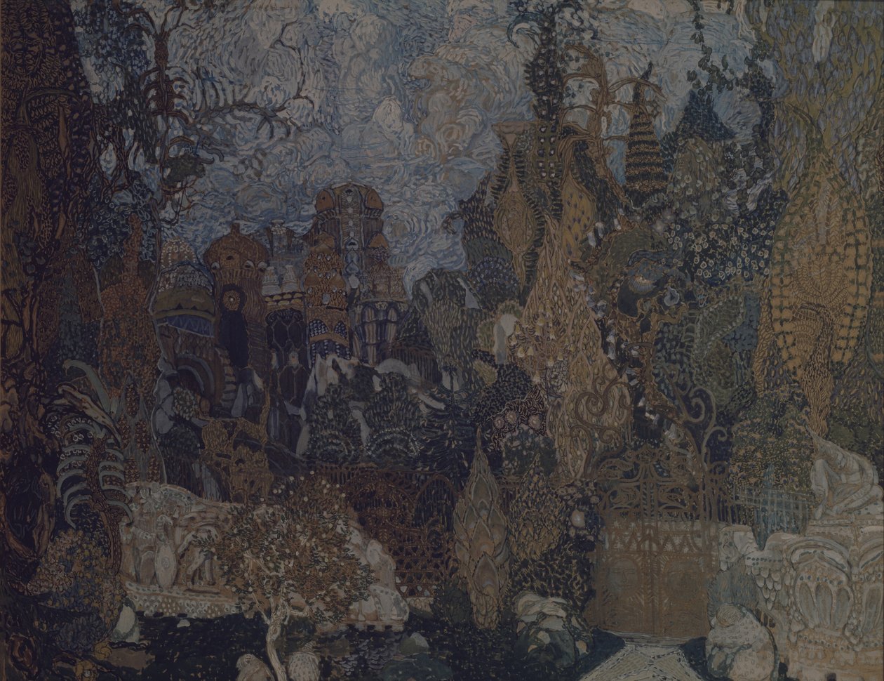 Színpadterv I. Sztravinszkij A tűzmadár című balettjéhez, 1910 alkotó: Aleksandr Jakovlevic Golovin