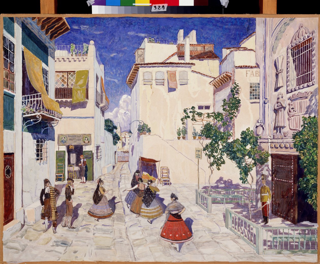 Une rue a Sevilla (Spanyolország), Georges Bizet (1838-1875) Carmen című operájának dekorációja (Egy utca Sevillában, Színpad G.Bizet Carmen című operájához). Alekszandr Jakovlevics Golovin (Alexander Golovin) (1863-1930) munkája, tempera papíron alkotó: Aleksandr Jakovlevic Golovin