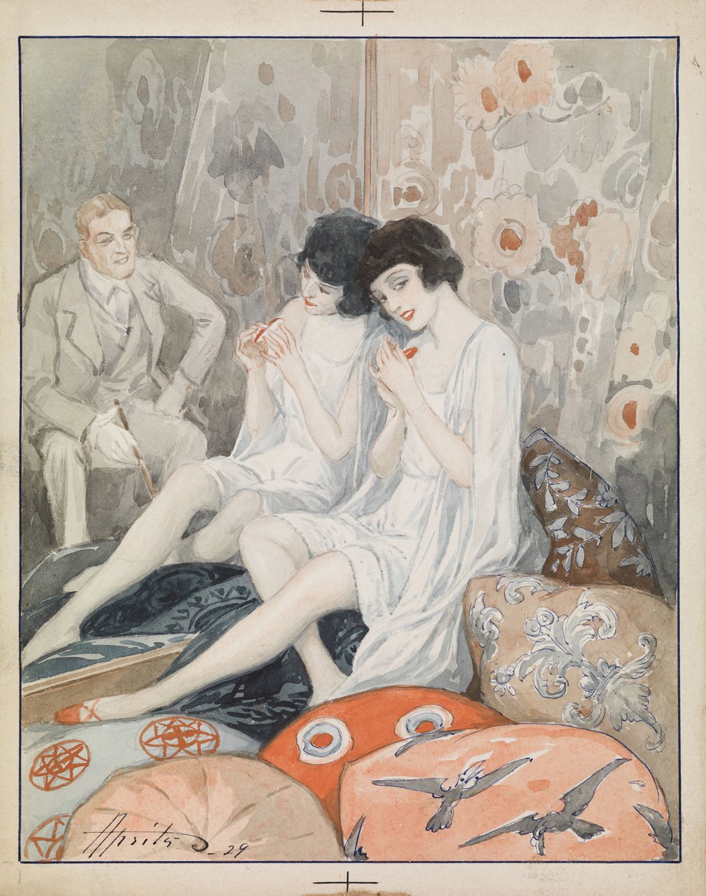 "Nő a budoárban" (Lady in Her Boudoir) Akvarell, Alexander Apsit (1880-1944) alkotó: Aleksandrs Apsit
