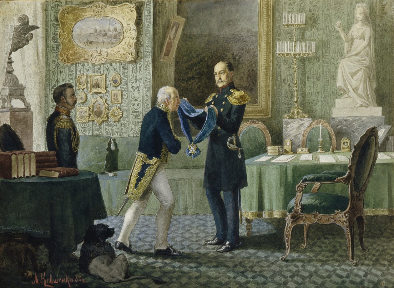 I. Miklós császár a Szent András-rend kék szalagját adományozza Michail Szperanszkij grófnak, 1880 alkotó: Aleksei Danilovich Kivshenko