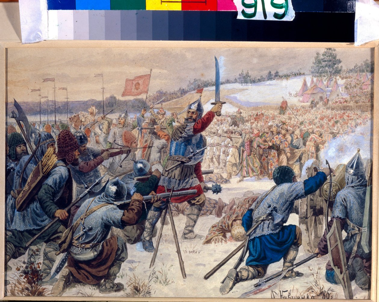 Jermak Timofejevics Szibéria meghódítása (kb. 1540-1585) (The Conquest of SIberia by Yermak). 1575 és 1583 között Yermak egy csapat kozákot vezetett Szibéria felfedezésére és meghódítására. Alekszej Danilovics Kivsenko (1851-1818) munkája alkotó: Aleksei Danilovich Kivshenko
