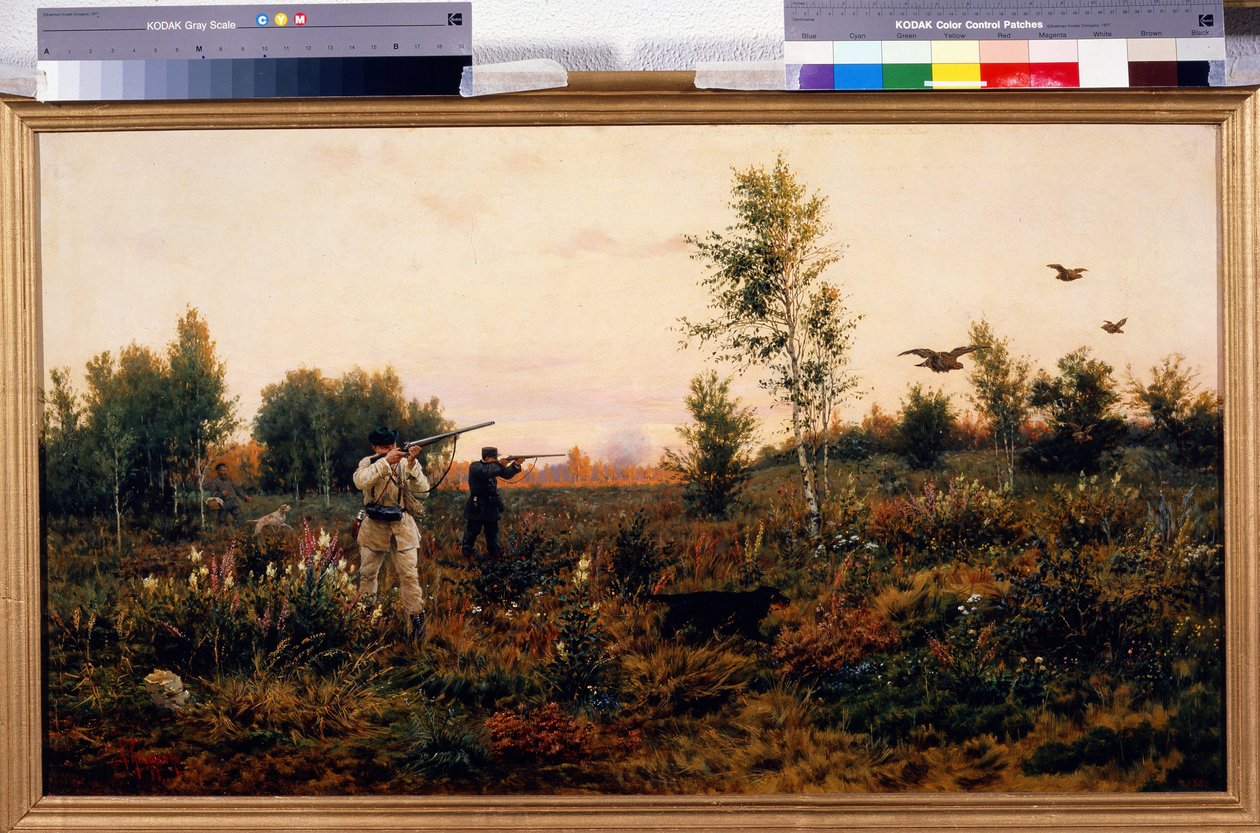 Blackcock lövöldözés. Vadászjelenet. Alekszej Danilovics Kivsenko (1851-1895) festménye, olaj, vászon alkotó: Aleksei Danilovich Kivshenko